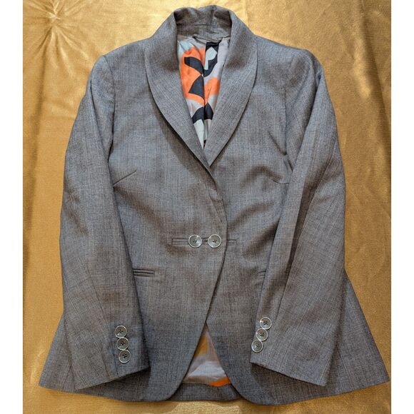 Ted Baker Virgin Wool Blazer Size 3 Gray Shawl Collar Abstract Lining 26in - Picture 2 of 9
